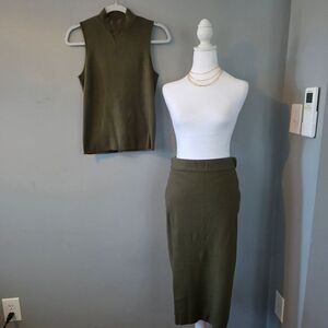 Marled Knit Skirt And Top Set, Olive Green Size Medium